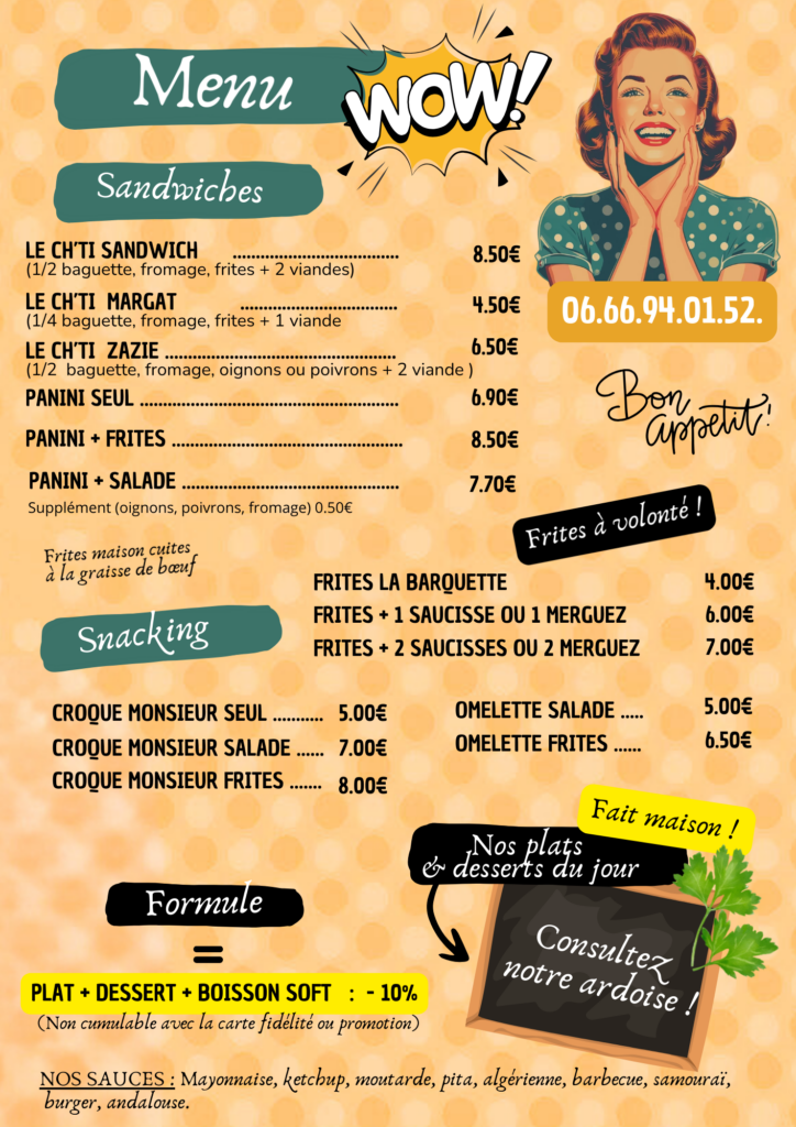 Découvrez la carte de nos Snacks
Plats du jour desserts snack à petit prix du lundi au vendredi