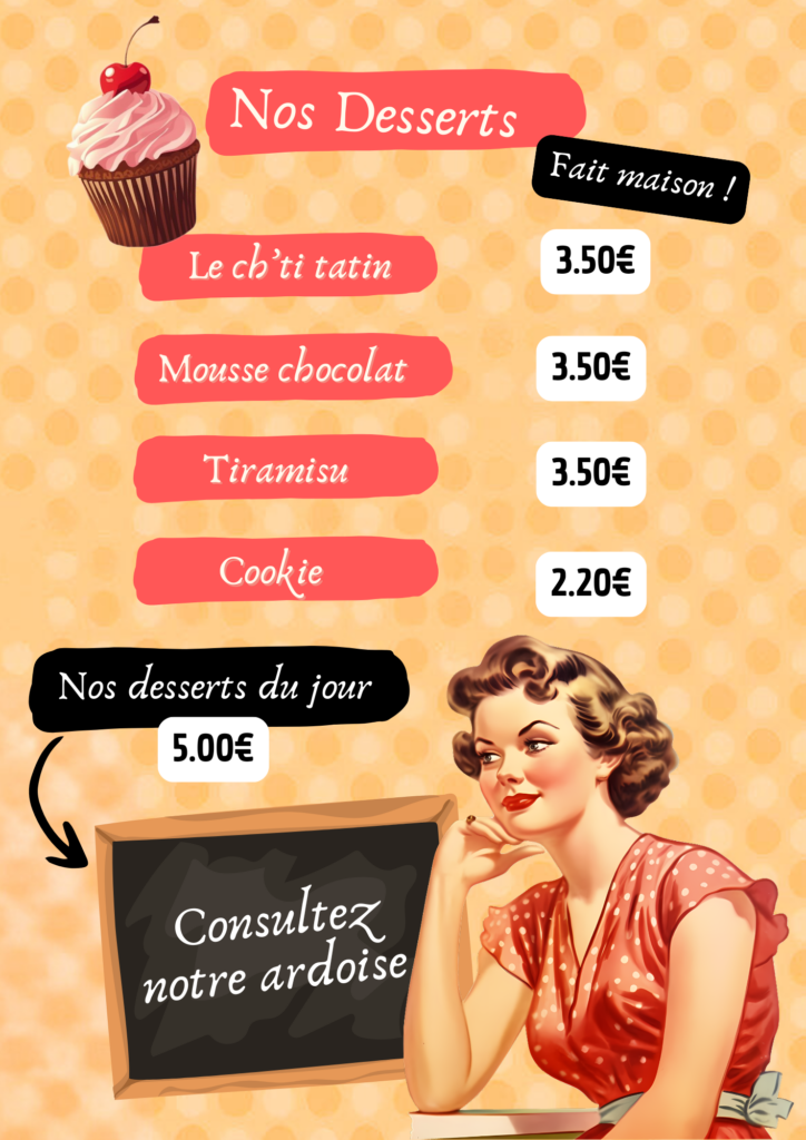 la carte de nos desserts fait maison Plats du jour desserts snack à petit prix du lundi au vendredi