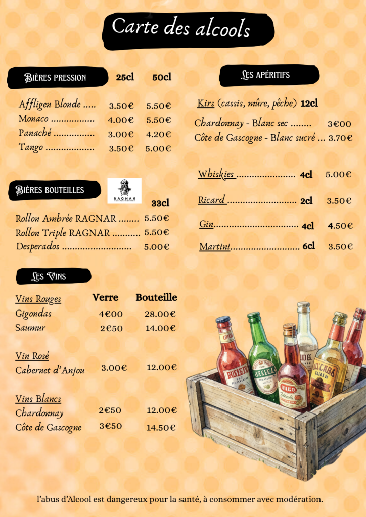 Découvrez notre carte des boisons alcoolisées. l'abus d'alcool est dangereux pour la santé, à consommer avec modération.