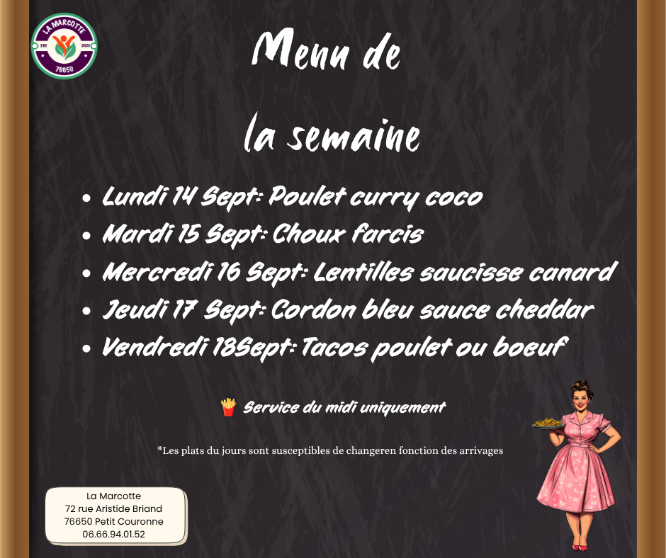 Menu de la semaine du 14 Septembre au 18 Septembre : Poulet curry coco, choux farcis, saucisse lentilles, cordon bleu, tacos poulet ou boeuf